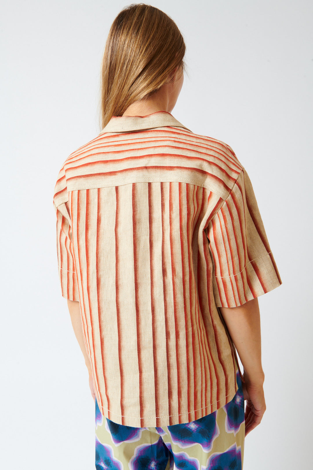 Mari wearing Odeeh Degrade Stripe Shirt rear view