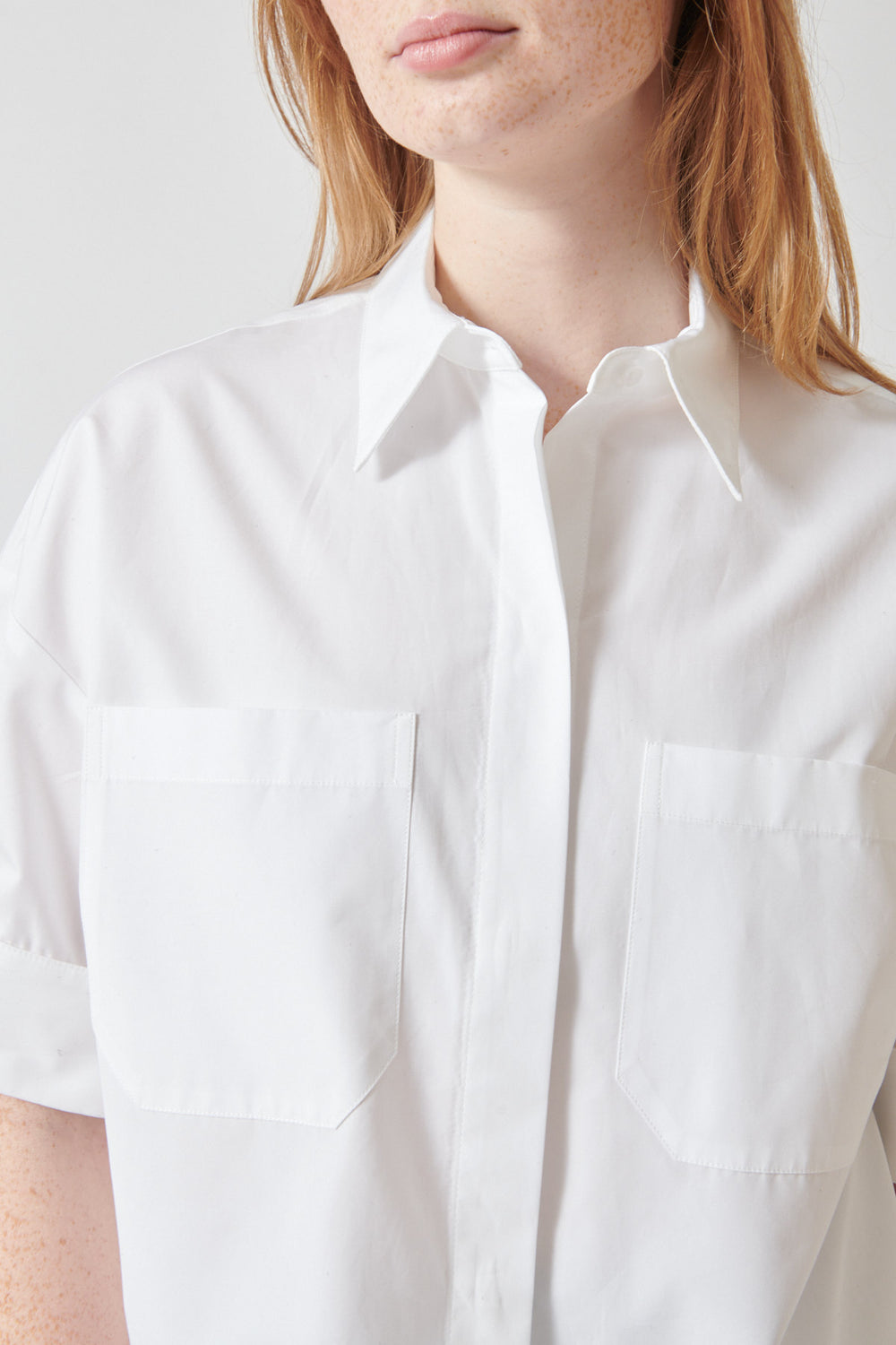 Waverly wearing TWP My Newest Mistake Shirt front view