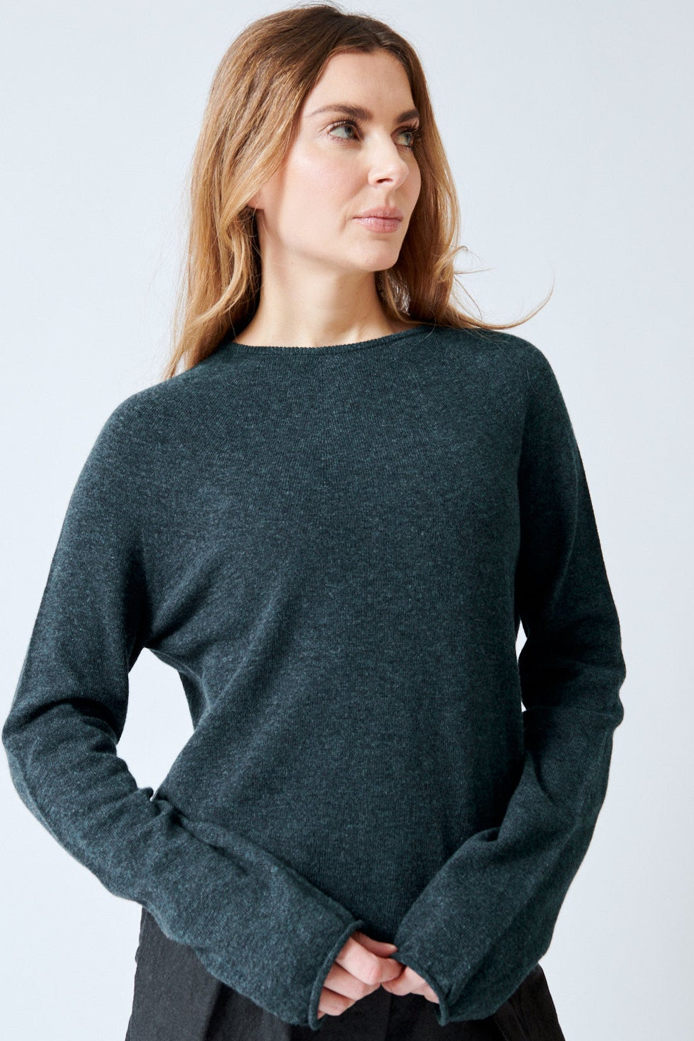Mari wearing Christian Wijnants Kipli Seamless Round Neck Sweater front view