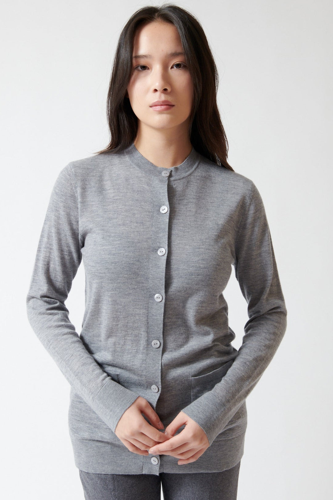 Lilly wearing Lisa Yang Adeline Cardigan front view