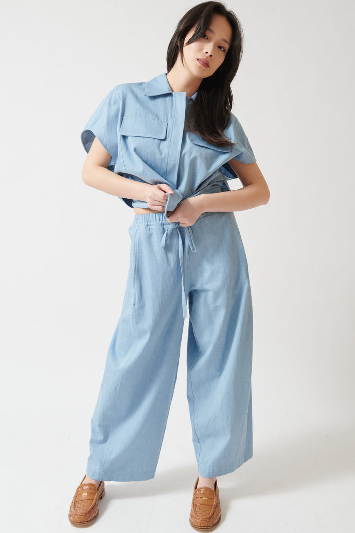 Lilly wearing Meimeij Wide Leg Drawstring Grethen Pant front view 