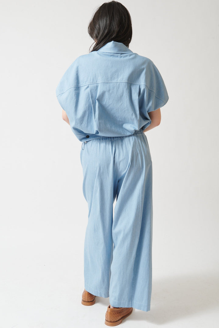 Lilly wearing Meimeij Wide Leg Drawstring Grethen Pant rear view 