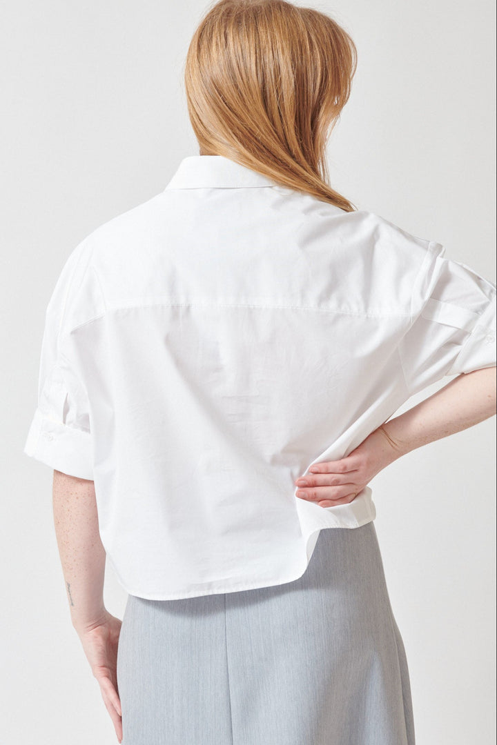 Waverly wearing TWP My Newest Mistake Shirt rear view