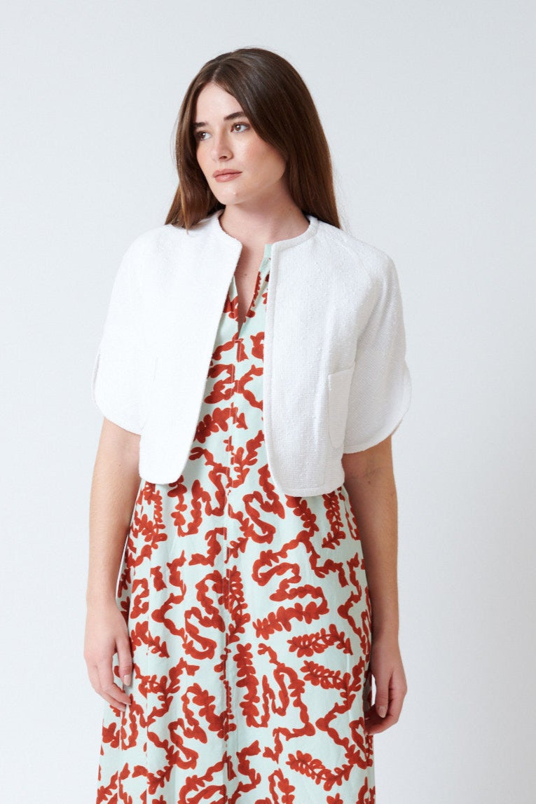 Julia wearing Odeeh Cotton Linen Boucle Jacket front view