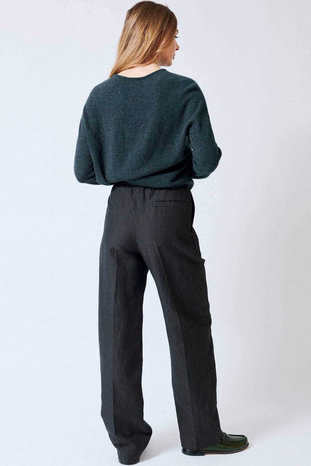 Mari wearing Christian Wijnants Piga Relaxed Fit Tapered Elastic Waist Pants rear view