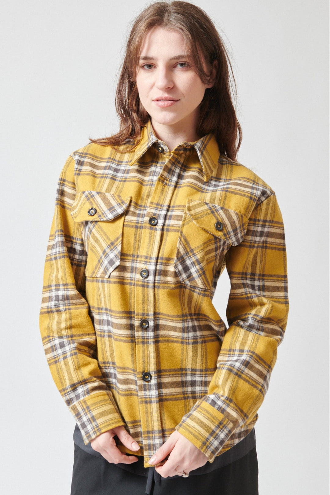 Sophie wearing SPRWMN Super Shacket front view