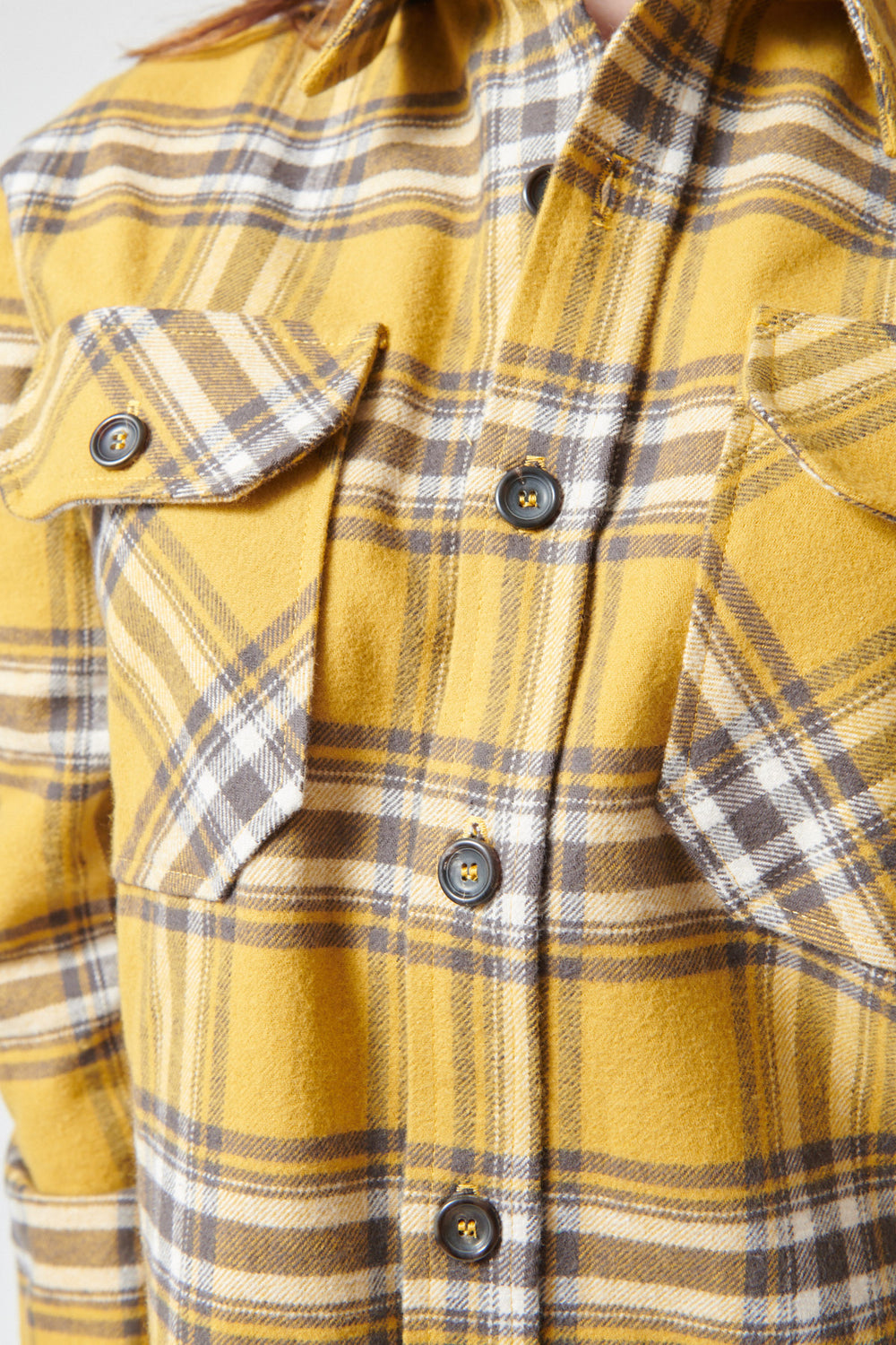 Sophie wearing SPRWMN Super Shacket front/detail view