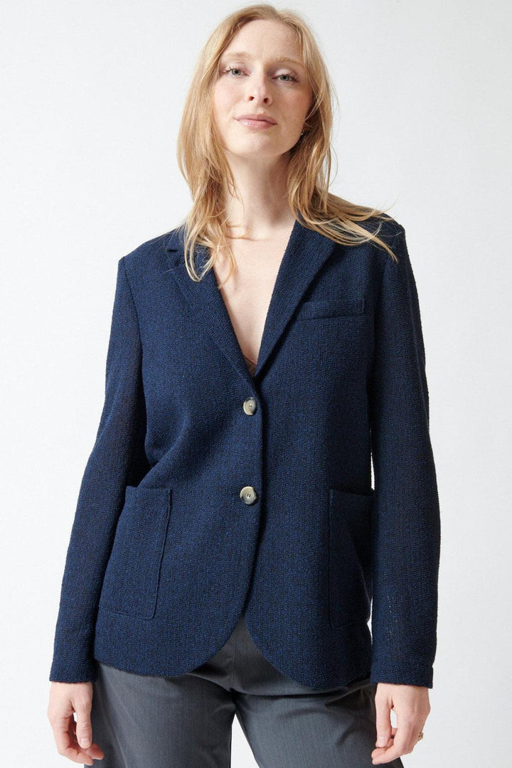Madi wearing Harris Wharf Stand Up Collar Bicolour Frise Blazer front view