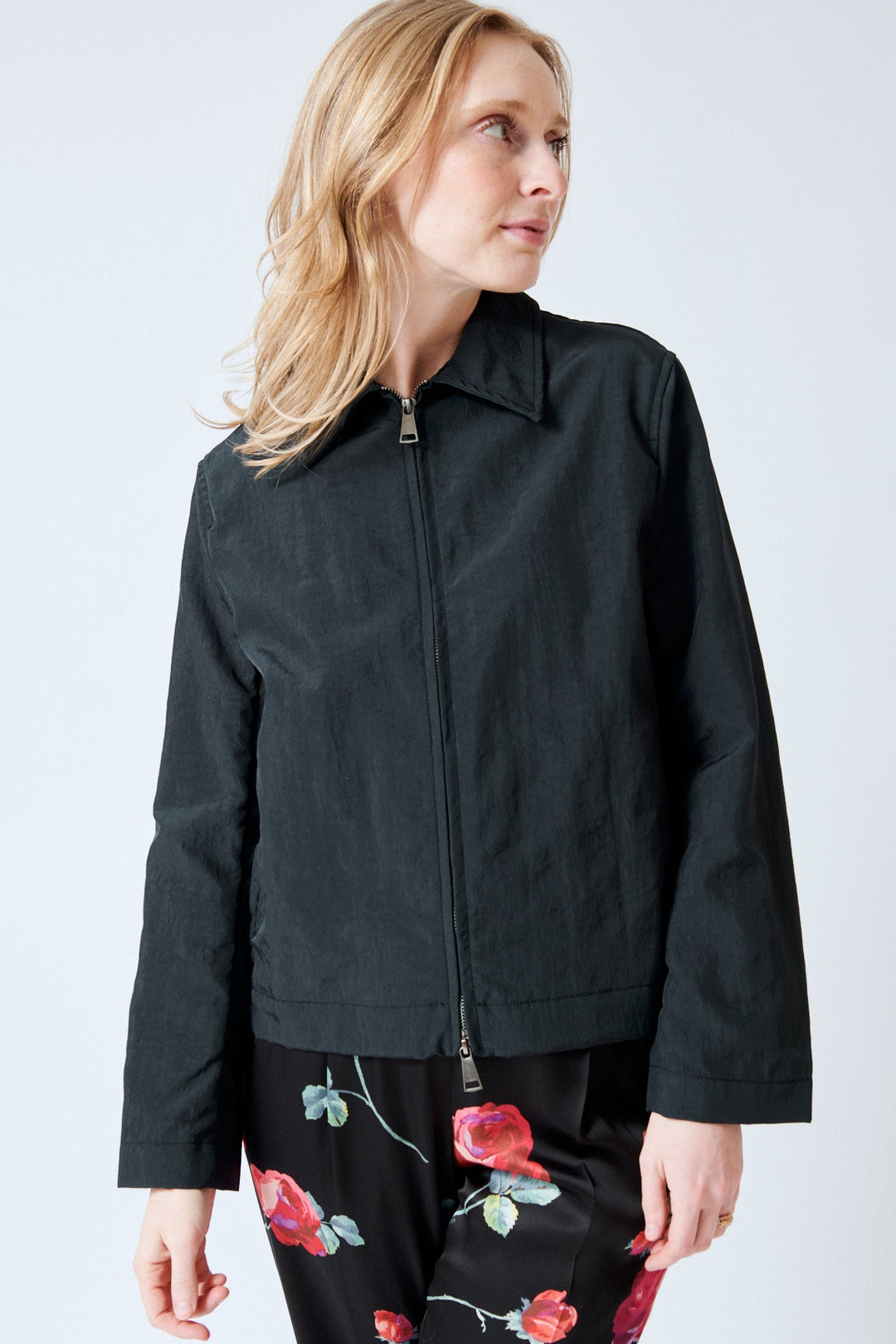 Madi wearing Christian Wijnants Jelina Recycled Nylon Zip Jacket front view