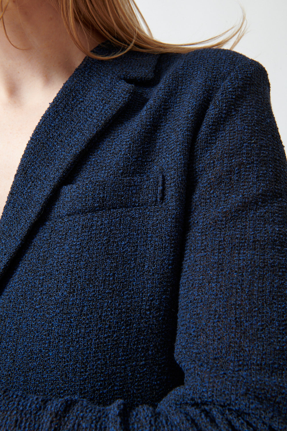 Madi wearing Harris Wharf Stand Up Collar Bicolour Frise Blazer front/detail view