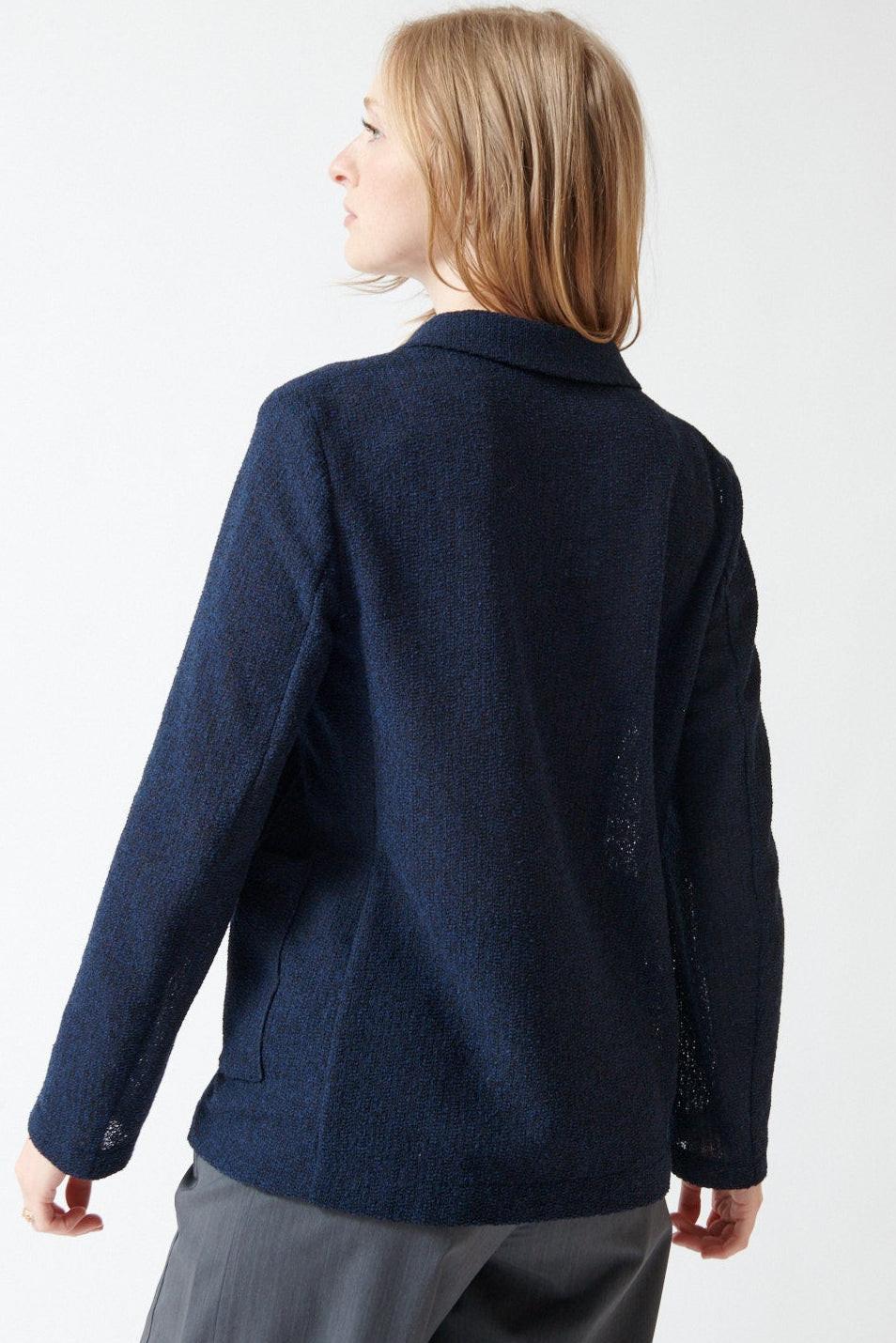 Madi wearing Harris Wharf Stand Up Collar Bicolour Frise Blazer rear view