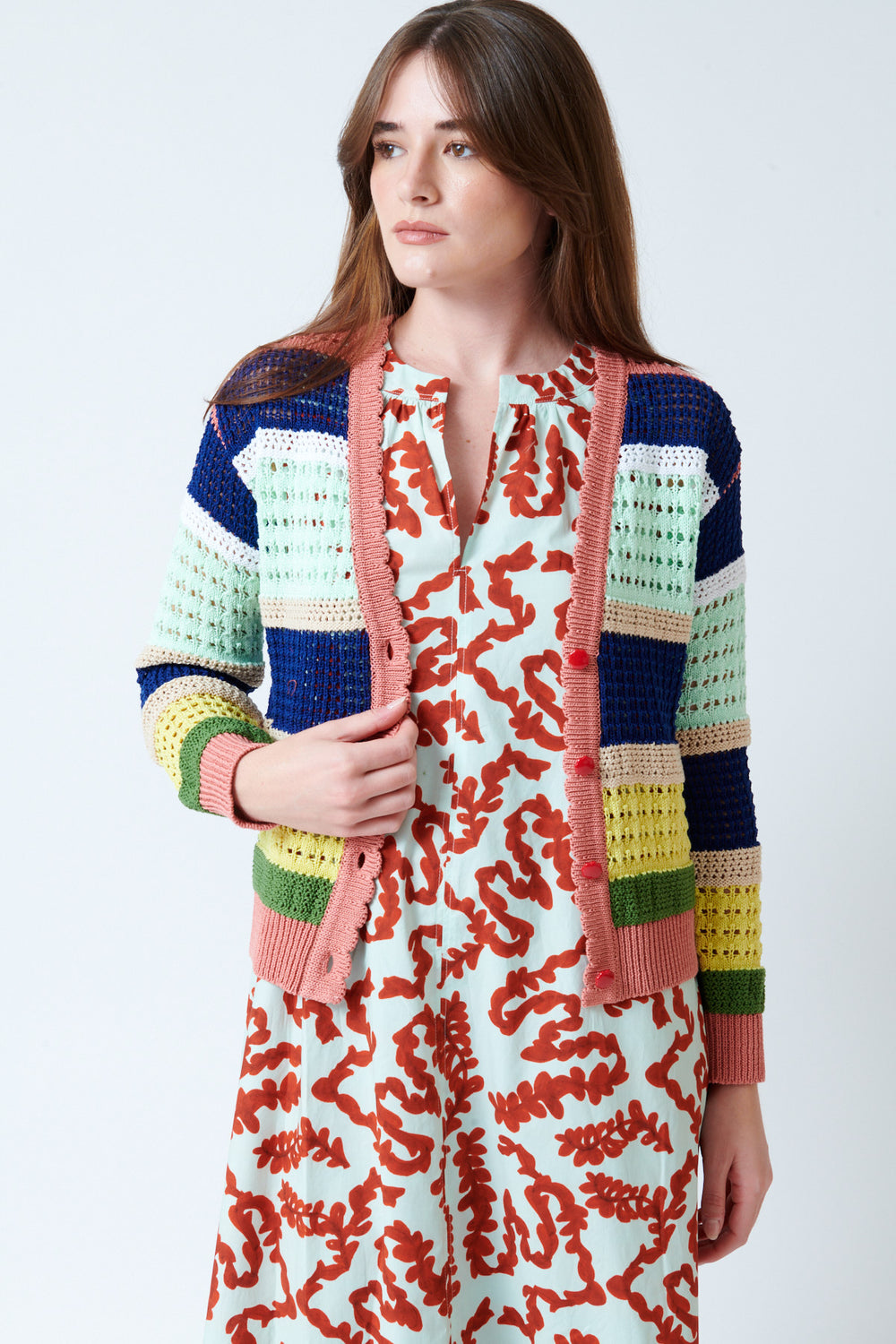 Mari wearing Odeeh Multi Cable Cardigan front view