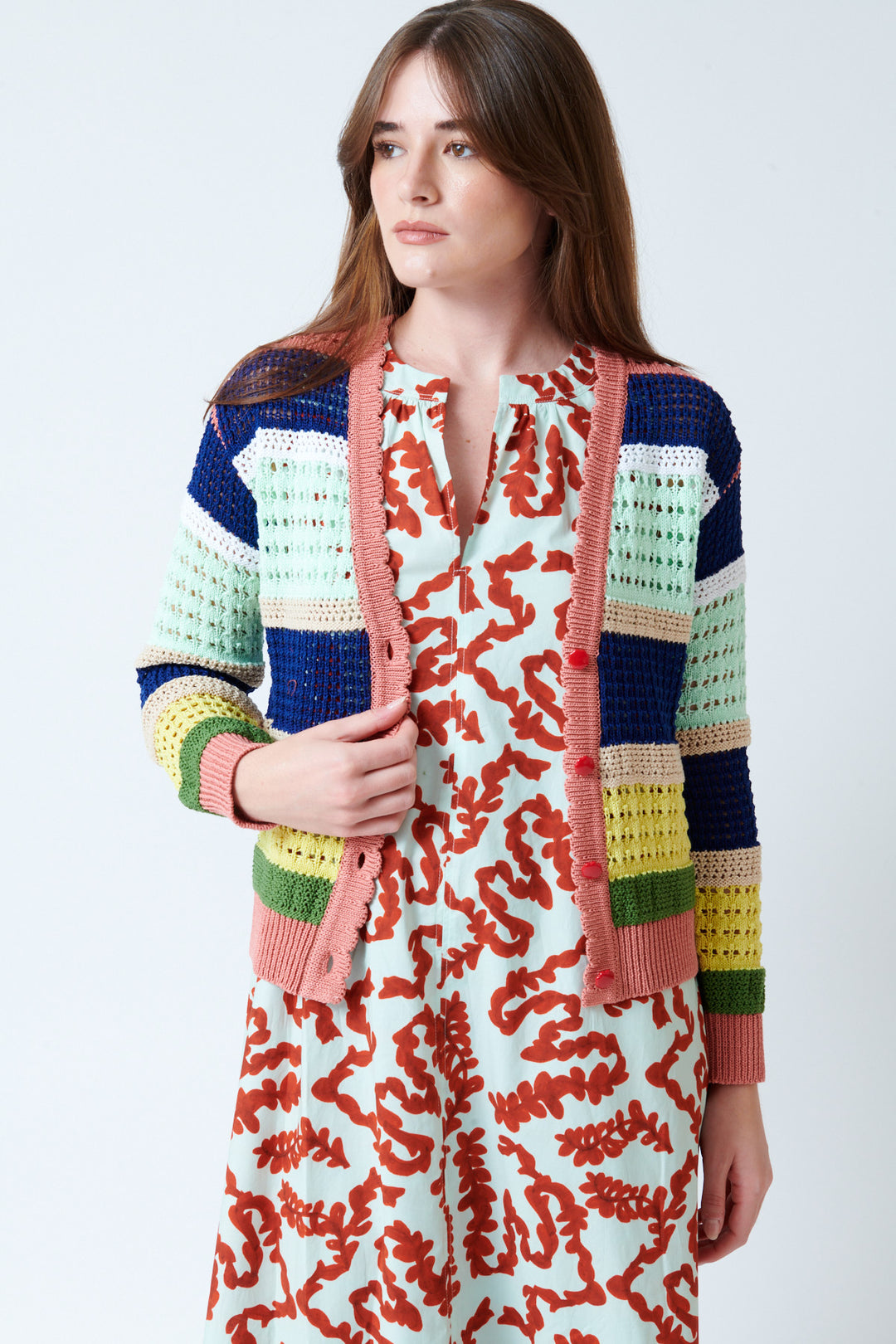 Mari wearing Odeeh Multi Cable Cardigan front view