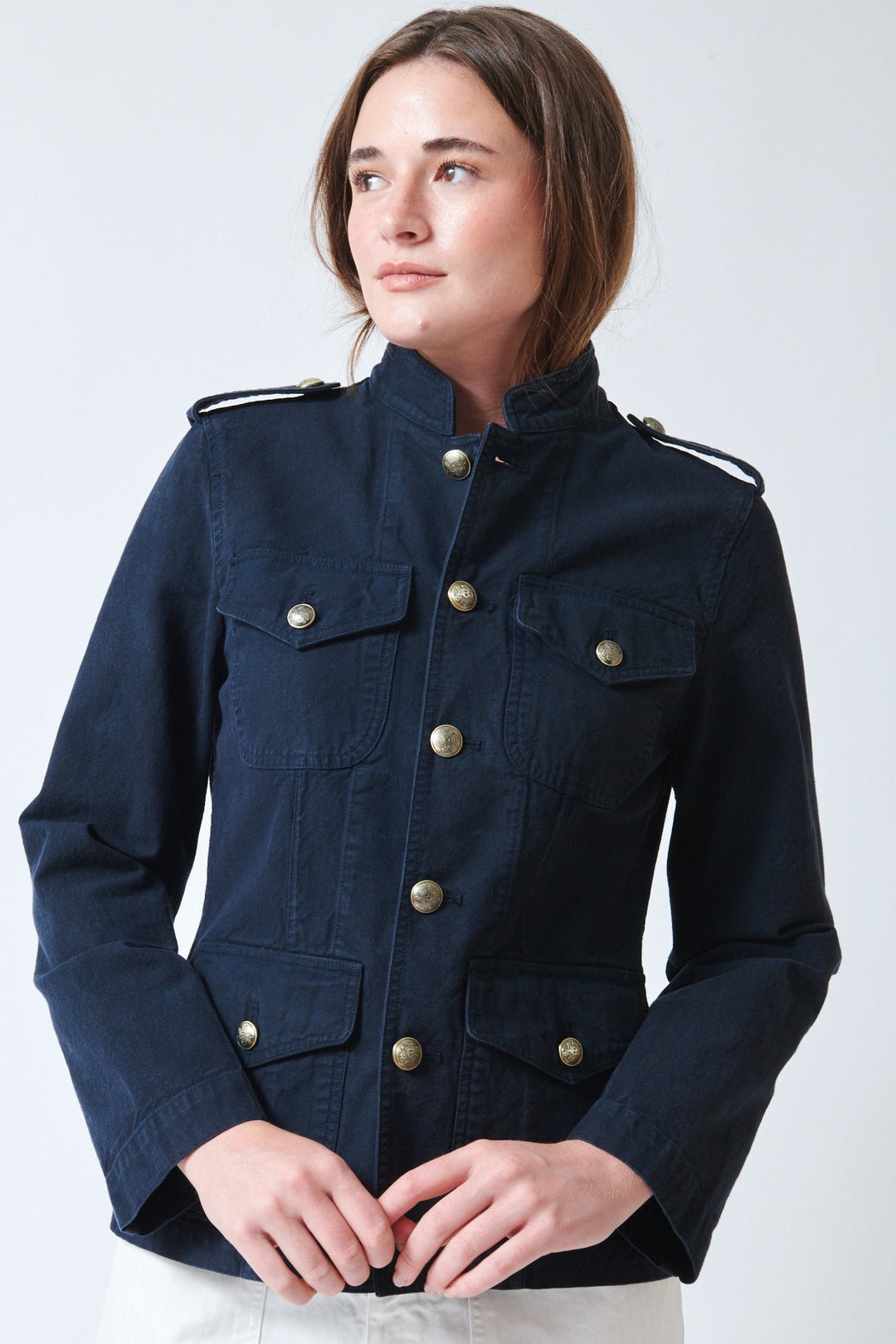 Julia wearing Nili Lotan Raymond Cotton Jacket front view