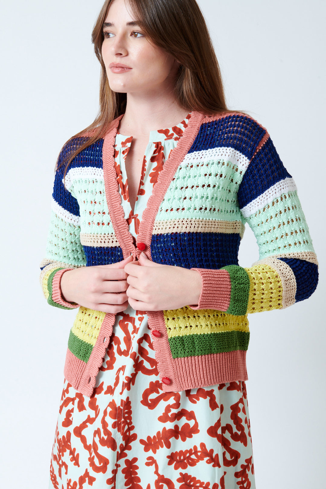 Mari wearing Odeeh Multi Cable Cardigan front view