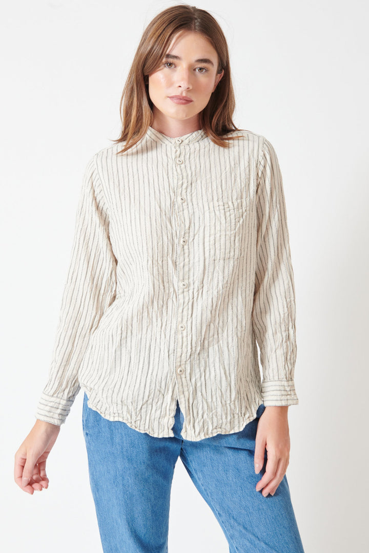 Julia wearing Pas de Calais Dobby Stripe Shirring Brushed Blouse front view