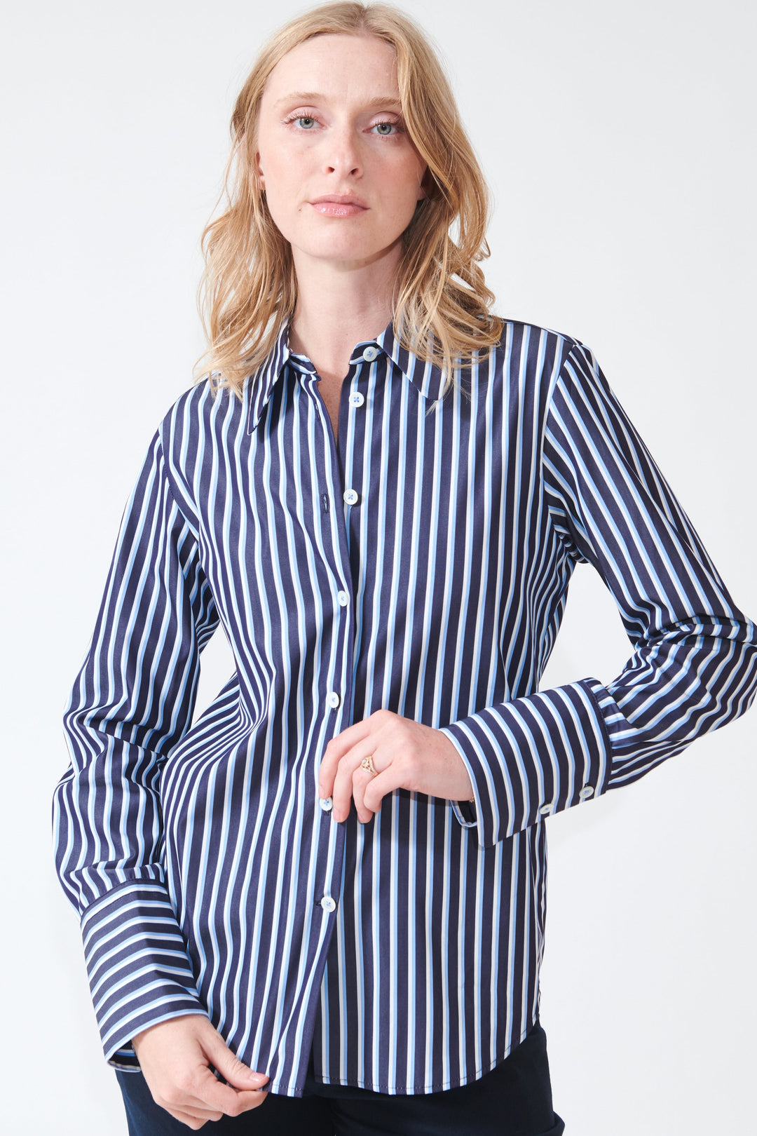 Madi wearing Odeeh Masculine Stripes Shirt front view