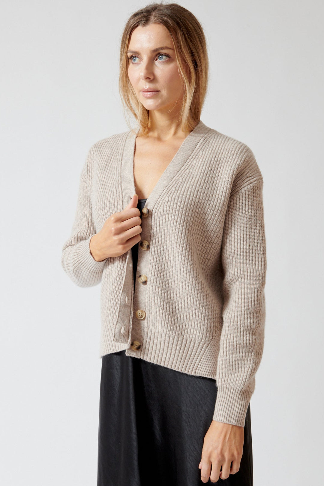 Mari wearing Lilla P Relaxed Side Vent Cardigan front view