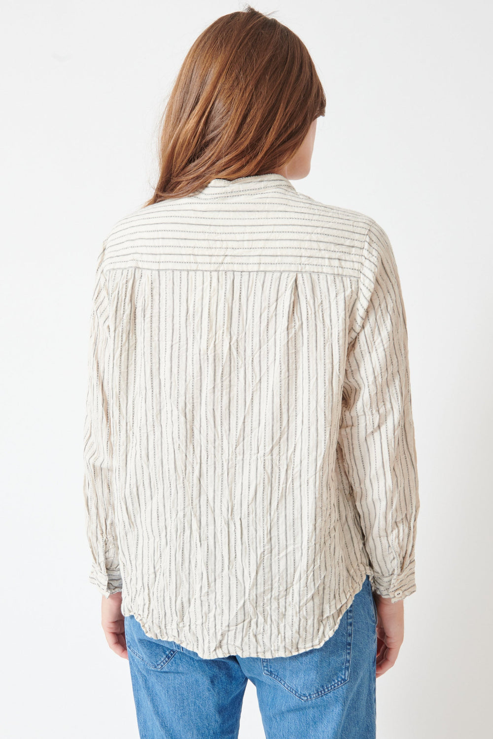 Julia wearing Pas de Calais Dobby Stripe Shirring Brushed Blouse rear view