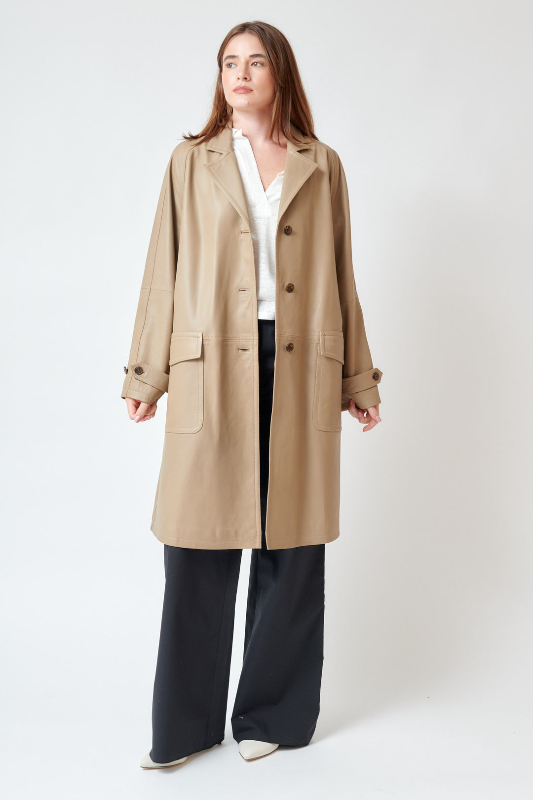 Julia wearing Dorothee Schumacher Sleek Statement III Coat front view