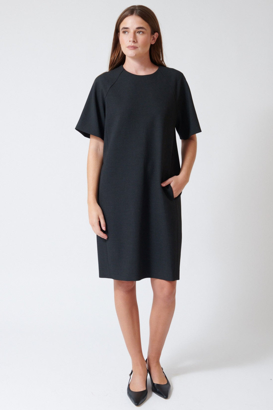 Julia in Peserico Bistretch Compact Double Technical Canvas Midi Dress, front view.