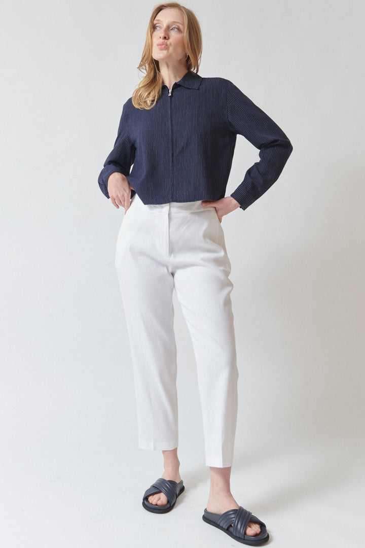 Madi wearing Seventy Lisa Zip Front Elastic Back Pant front view
