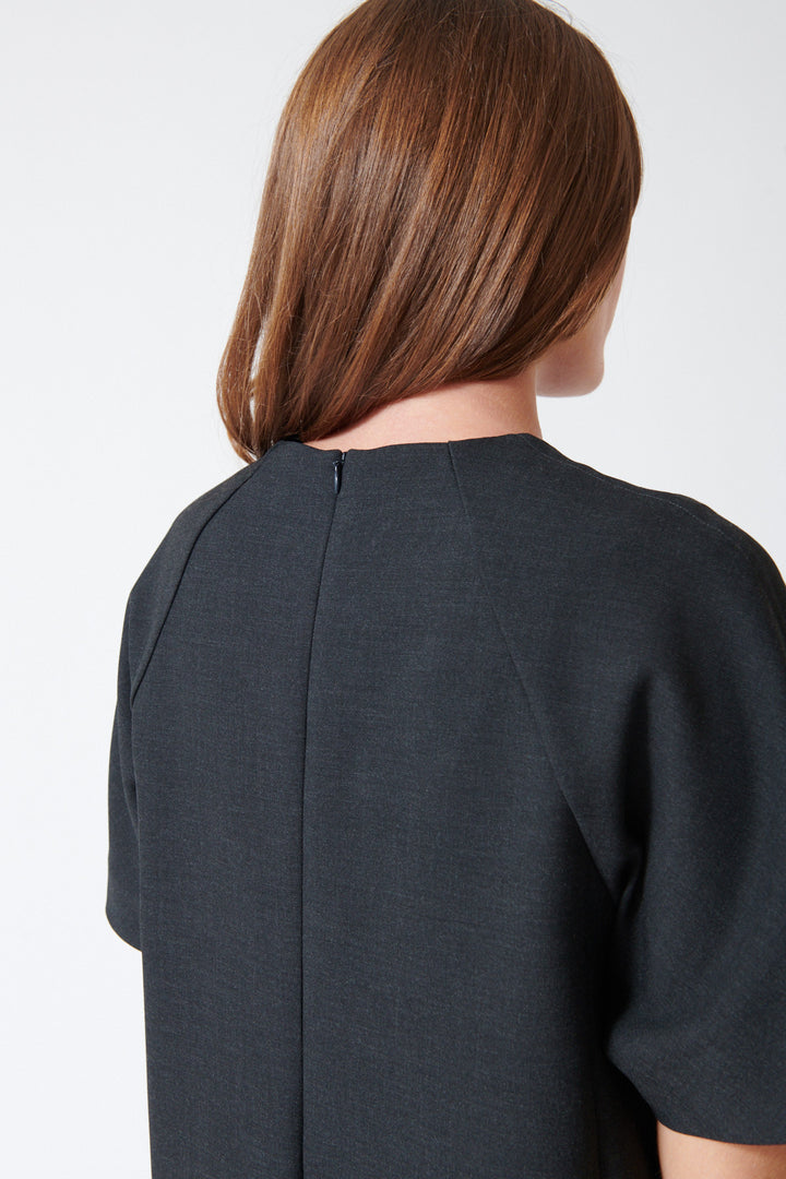 Julia in Peserico Bistretch Compact Double Technical Canvas Midi Dress close up of back.