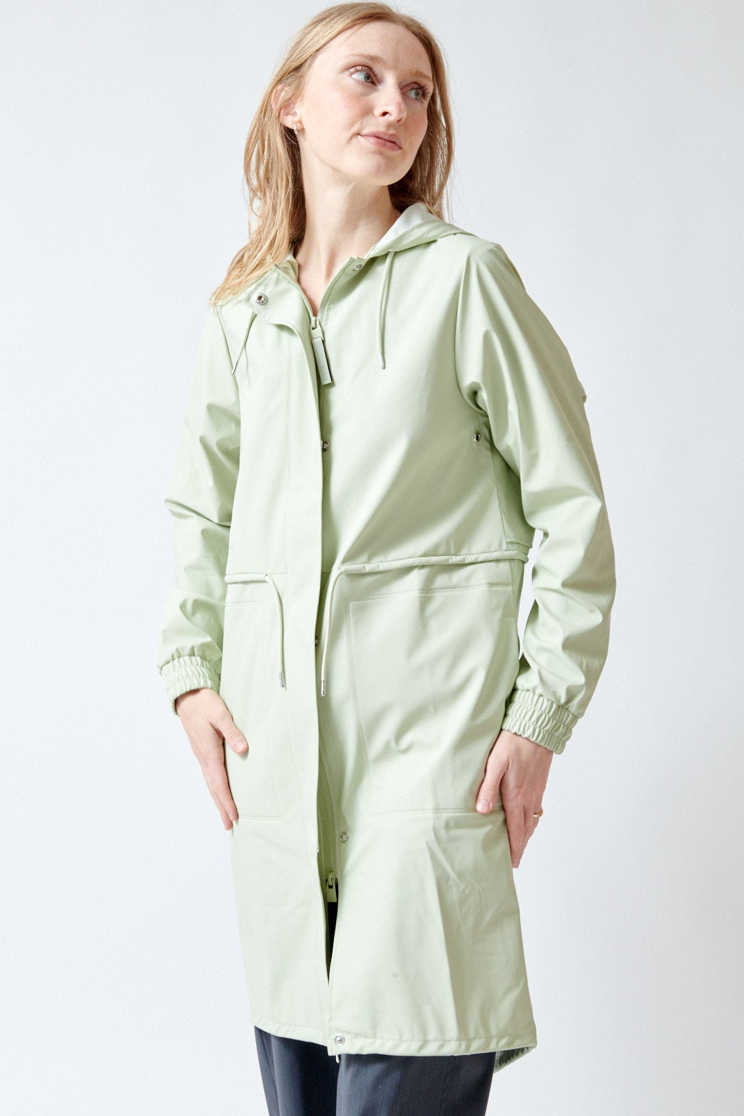 Madi wearing Rains String W Parka W3 front view