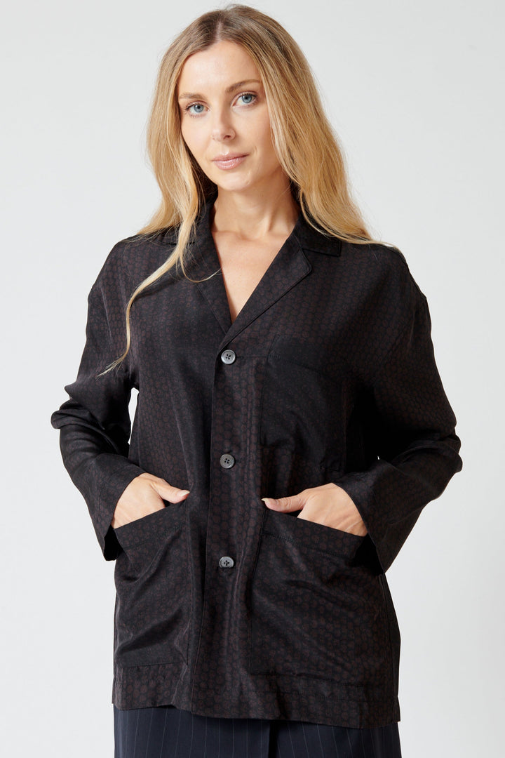 Mari wearing 6397 Pajama Shirt Jacket Bubble Wrap Print front view
