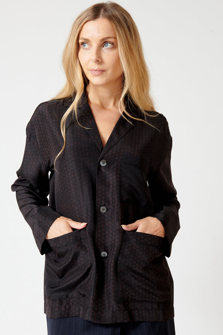 Mari wearing 6397 Pajama Shirt Jacket Bubble Wrap Print front view
