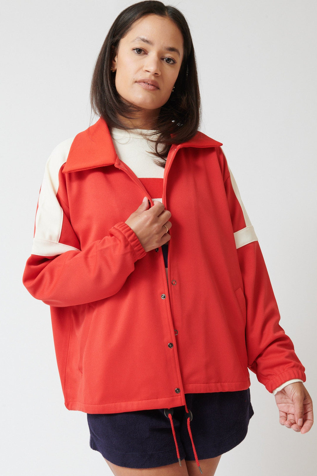 Amanda wearing The Great The Trainer Jacket front view