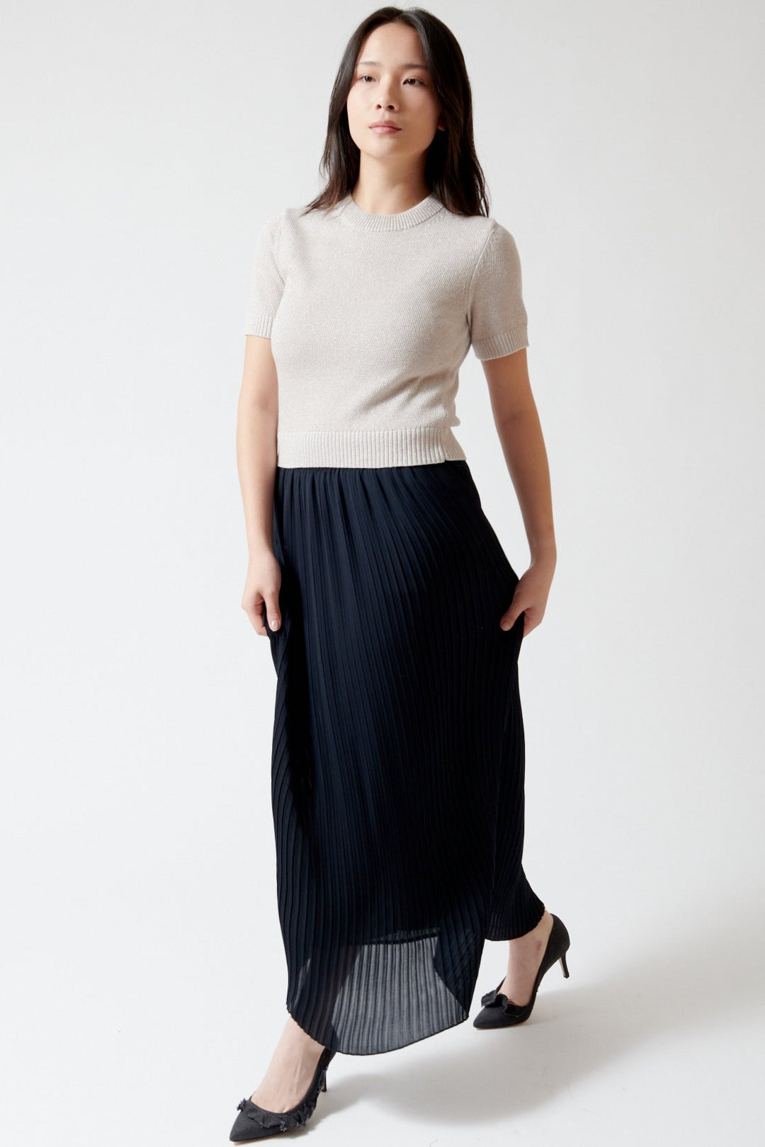 Lilly wearing Lilla P Pleated Maxi Skirt front view