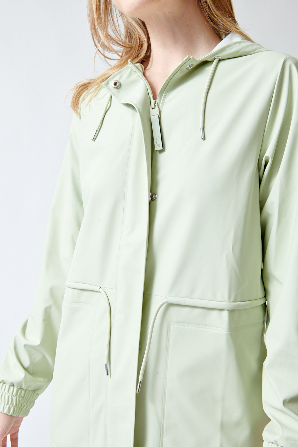 Madi wearing Rains String W Parka W3 front/detail view
