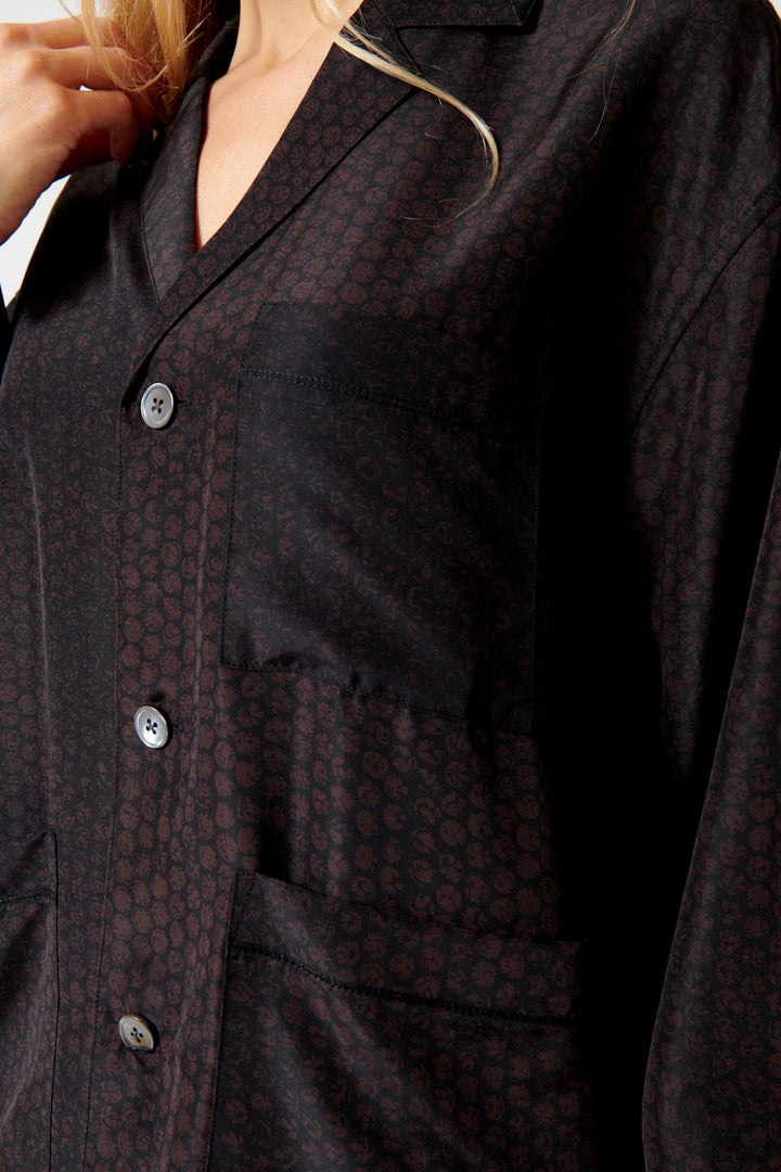 Mari wearing 6397 Pajama Shirt Jacket Bubble Wrap Print front/detail view