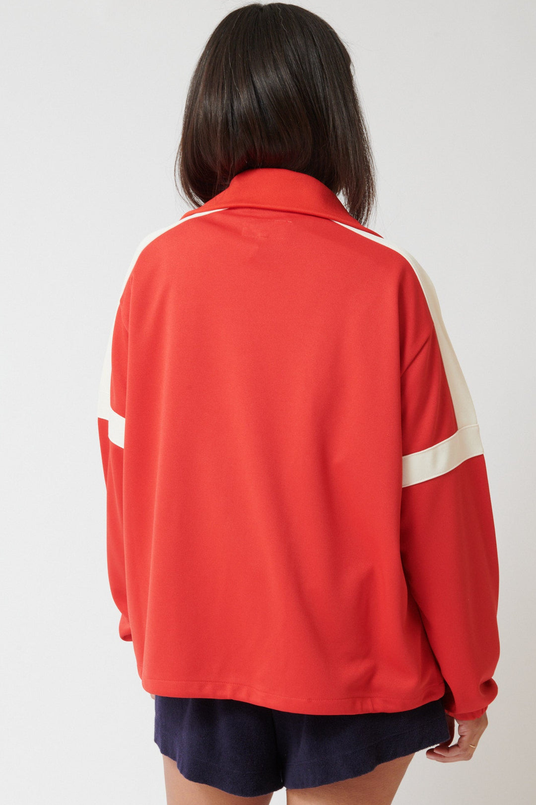 Amanda wearing The Great The Trainer Jacket rear view