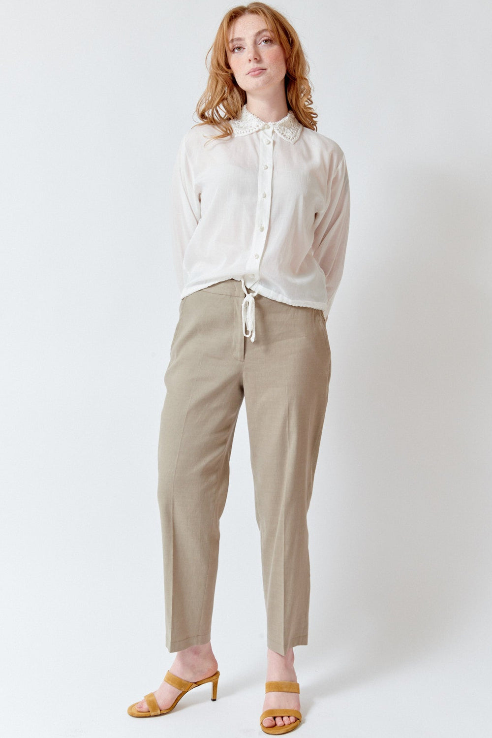 Waverly wearing Seventy Lisa Zip Front Elastic Back Pant front view