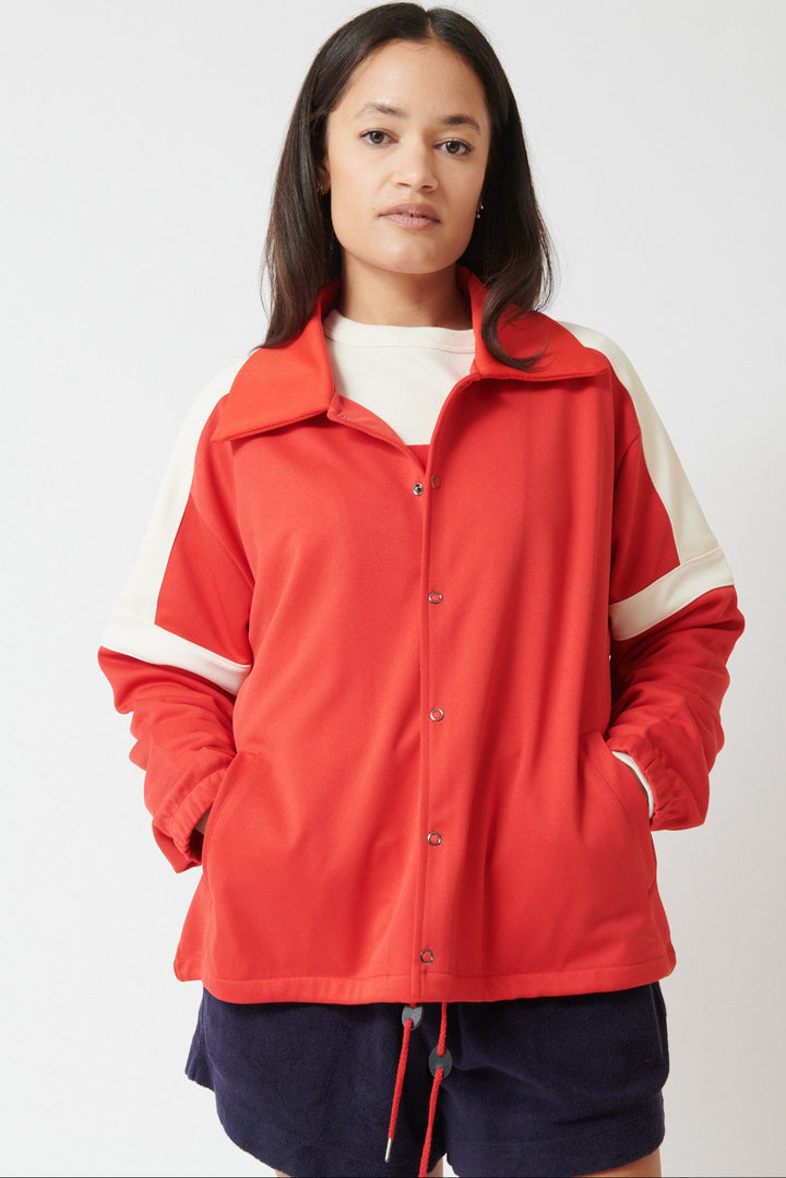 Amanda wearing The Great The Trainer Jacket front view