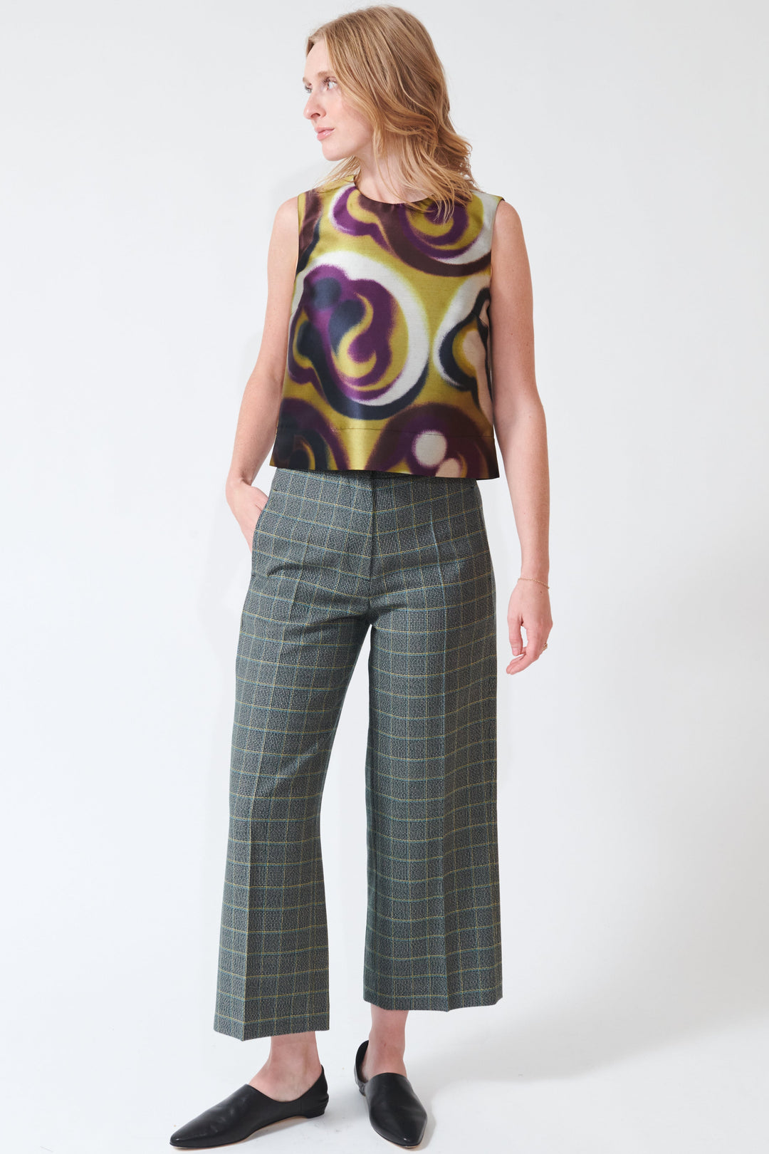 Madi wearing Odeeh Fancy Check Pants front view