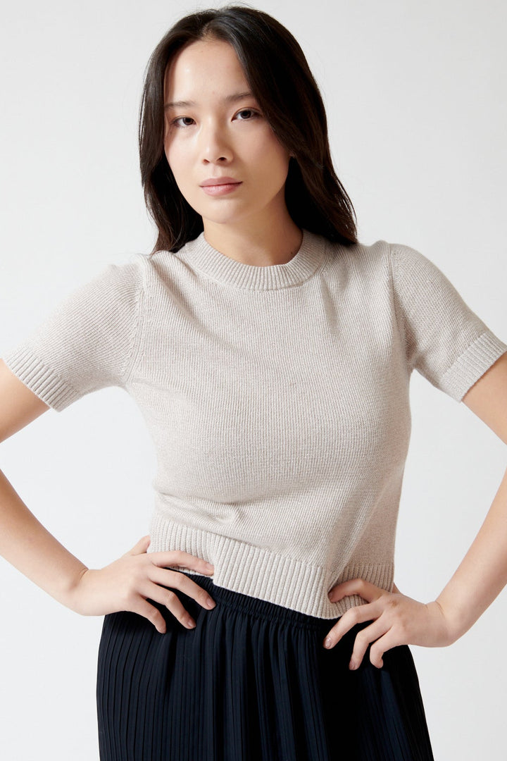 Lilly wearing Lilla P Short Sleeve Sparkle Sweater front view