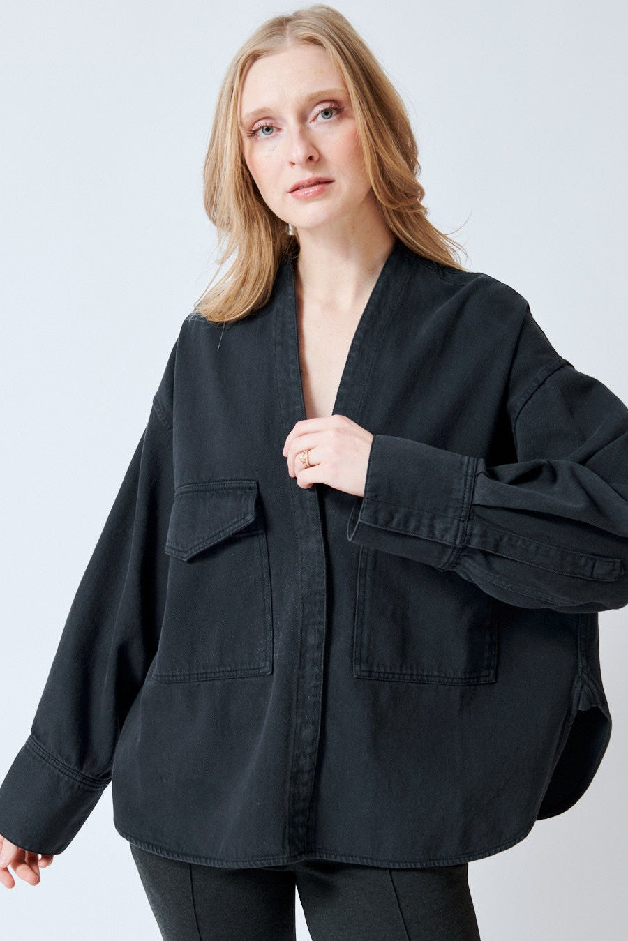 Madi wearing Christian Wijnants Tarosa Oversized Denim Shirt front view