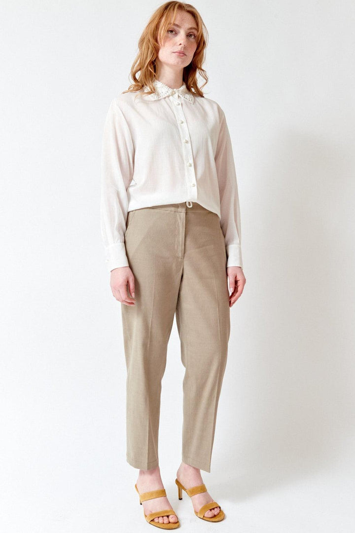 Waverly wearing Seventy Lisa Zip Front Elastic Back Pant front view