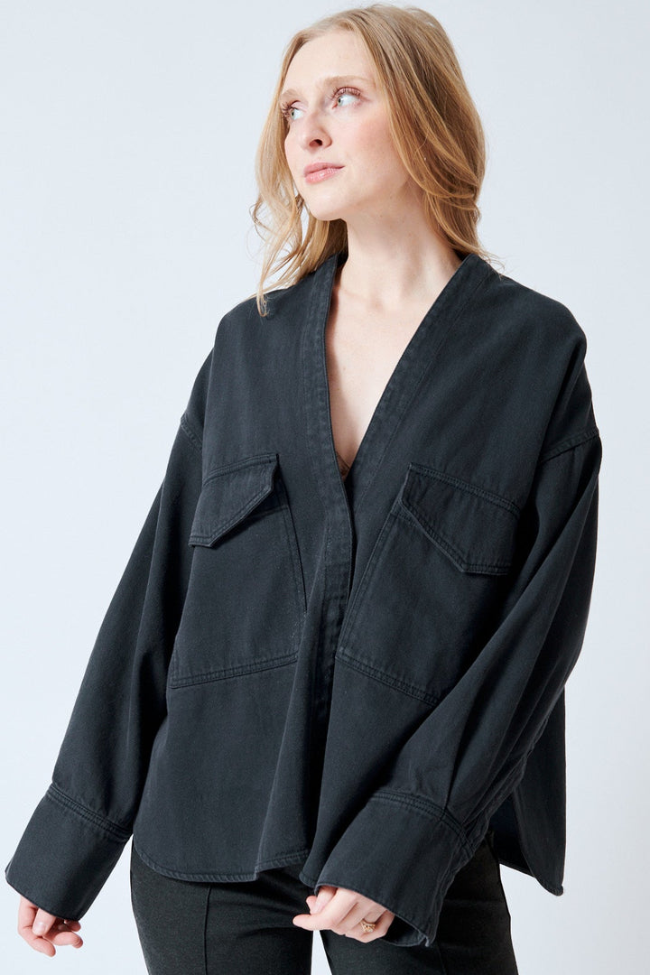 Madi wearing Christian Wijnants Tarosa Oversized Denim Shirt front view