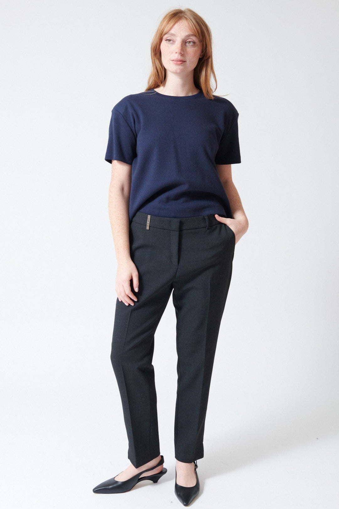 Waverly wearing Peserico Bistretch Compact Double Technical Canvas Cigarette Pants in Dark Sapphire Grey, front view.