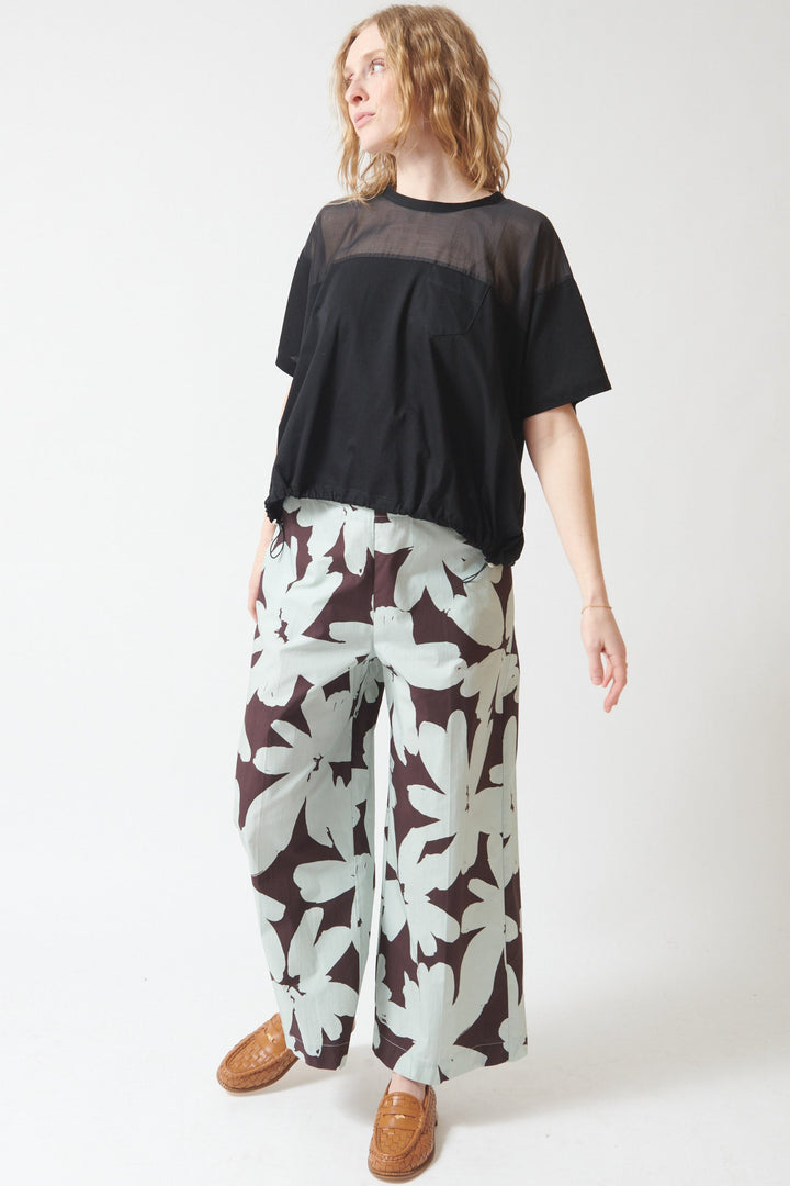 Madi wearing Meimeij Cotton Floral Print Elastic Back Pant front view