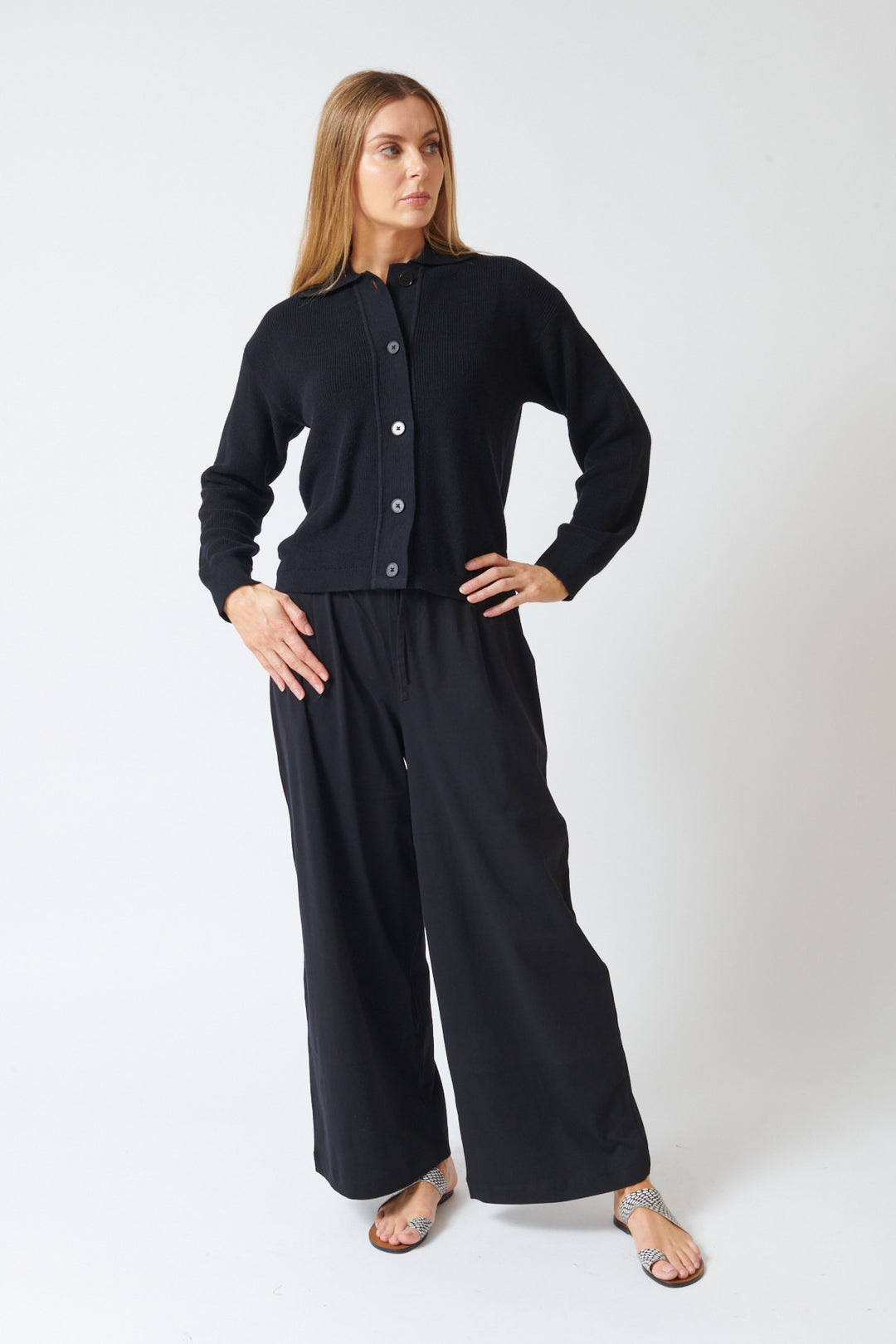 Mari wearing Kowtow Wide Leg Pant front view