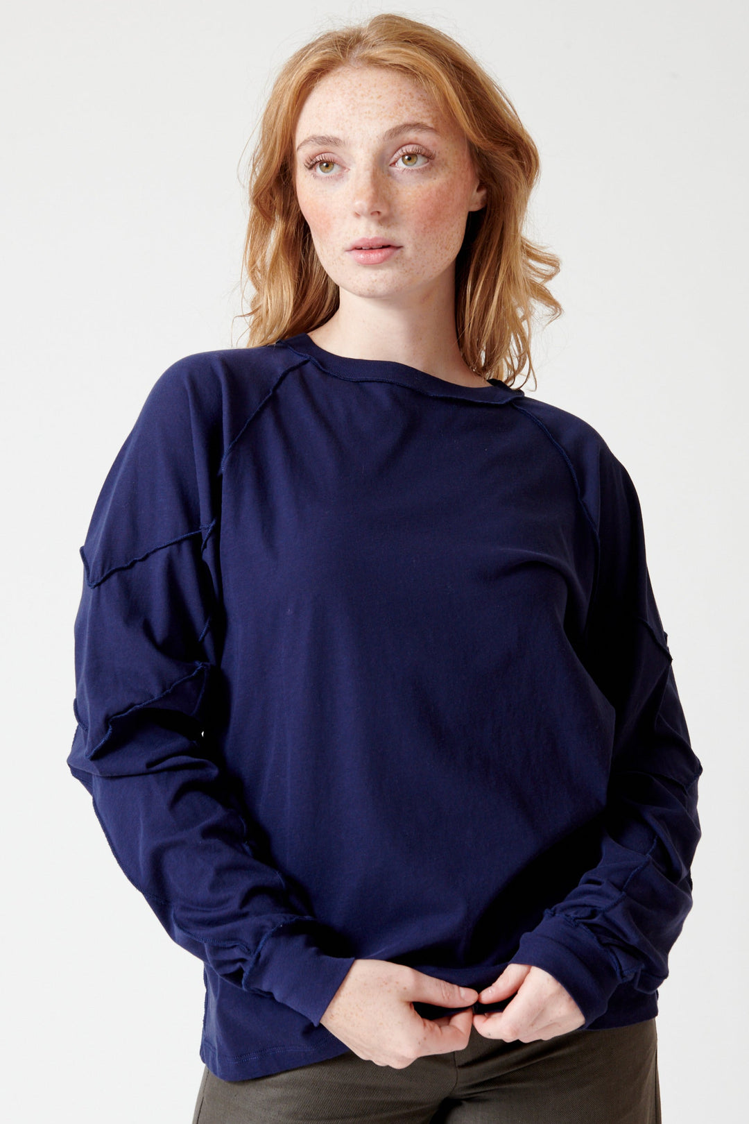 Waverly wearing 6397 Inside Out Long Sleeve Raglan front view