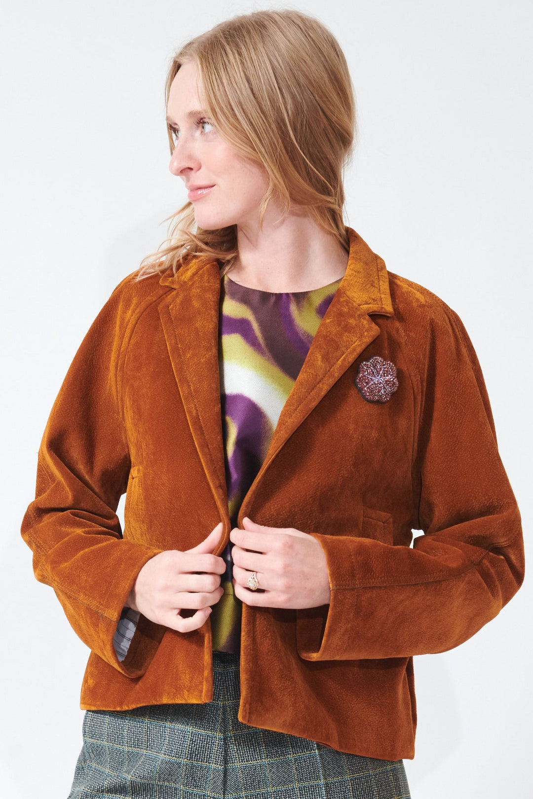 Madi wearing Odeeh Flocked Velvet Jacket front view