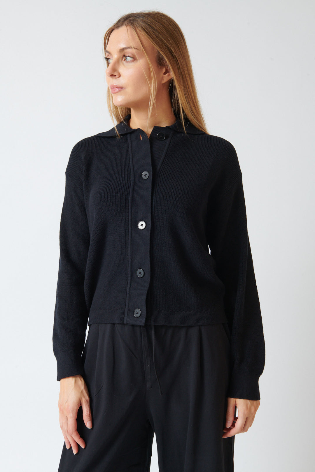 Mari wearing Kowtow Merel Cardigan front view