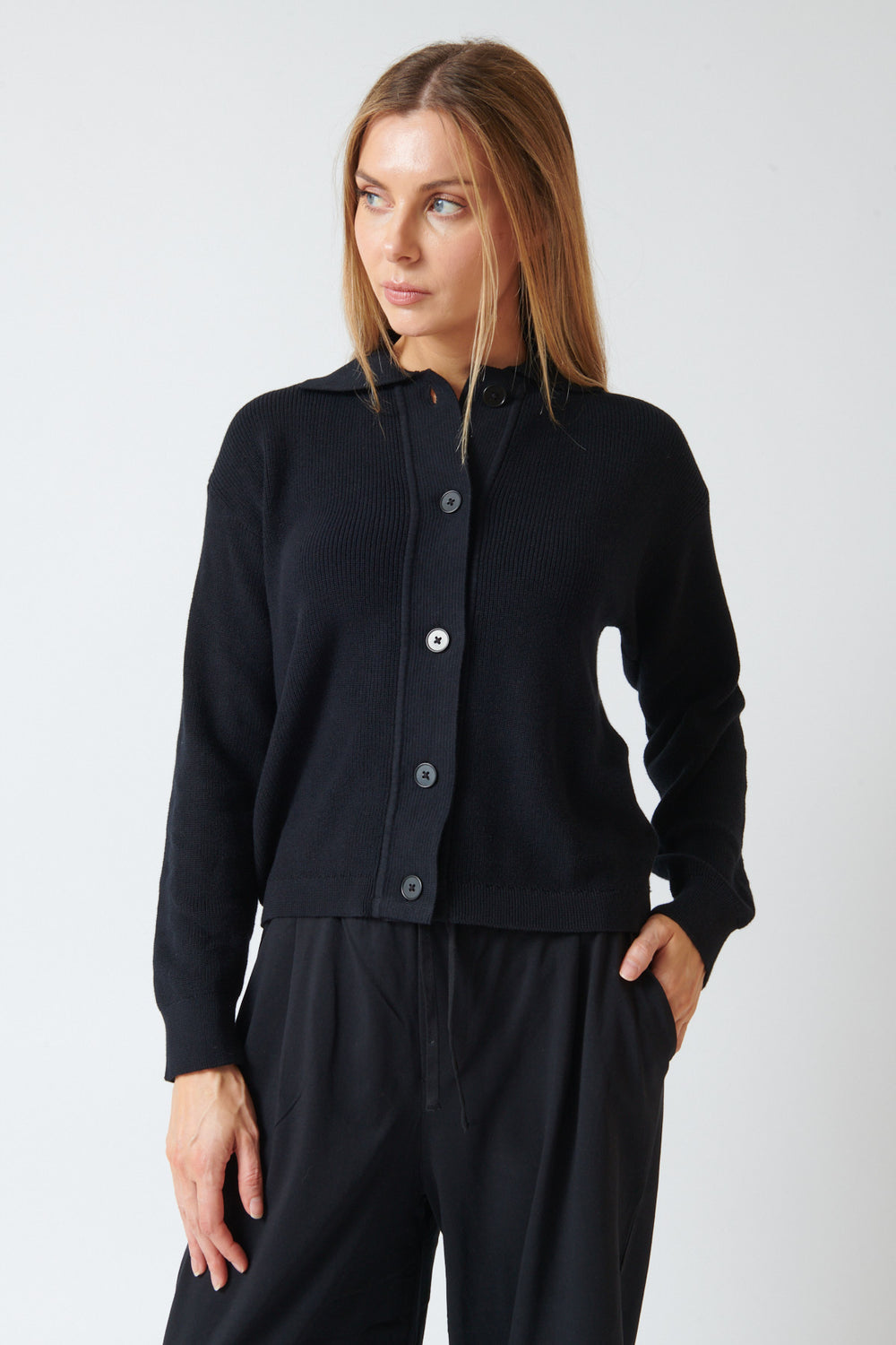 Mari wearing Kowtow Merel Cardigan front view