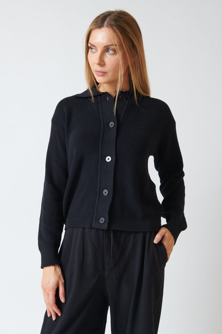 Mari wearing Kowtow Merel Cardigan front view